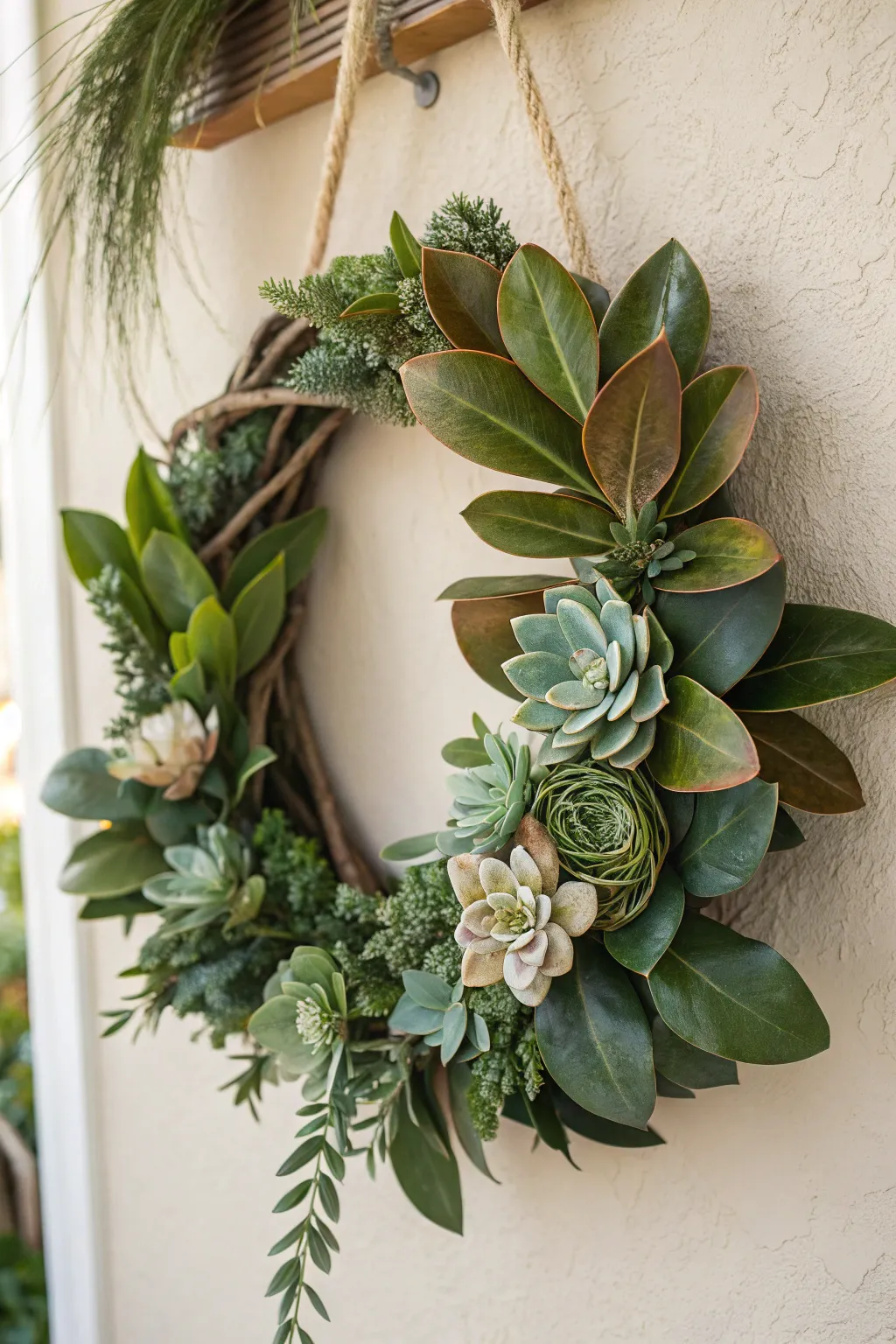 Elevate your decor with a succulent-infused magnolia wreath — where elegance meets modernity. #DIYDelight #ScandiBoho