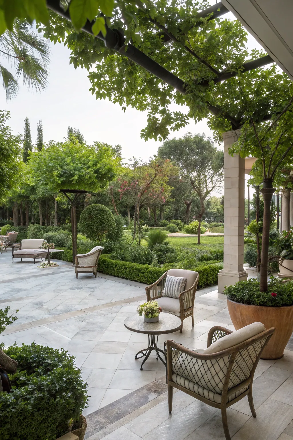 Marble tiles enhance outdoor patios with elegance.