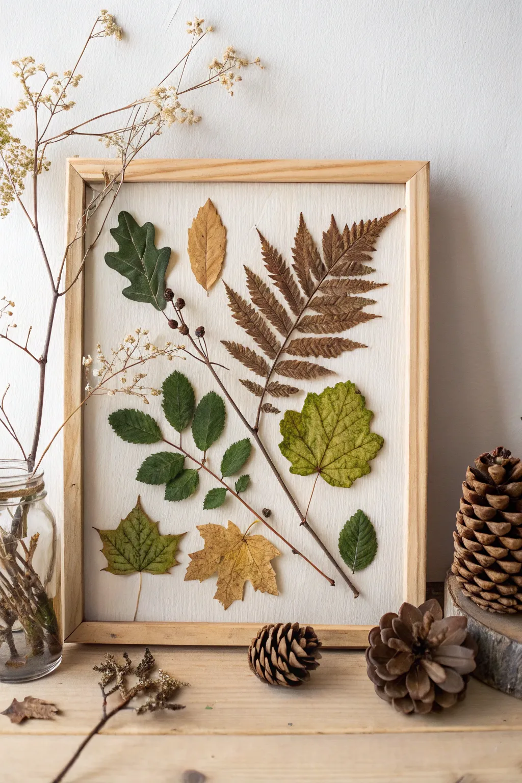 Embrace Nature’s Palette: A serene exploration of organic beauty through a handcrafted leaf and twig collage.