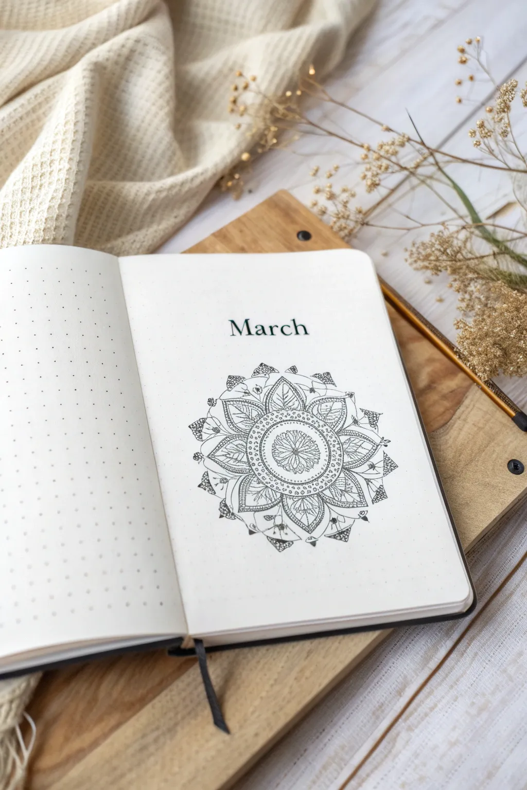 Embrace elegance with a minimalist black and white bullet journal cover for March. Simple yet powerful.
