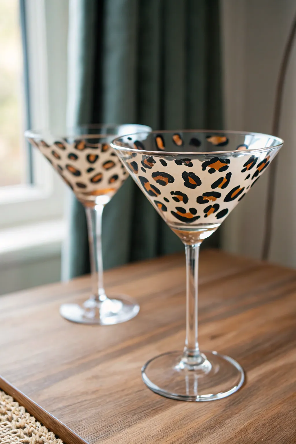 Unleash your wild side with chic leopard prints on a martini glass, blending boho flair with minimalist elegance.