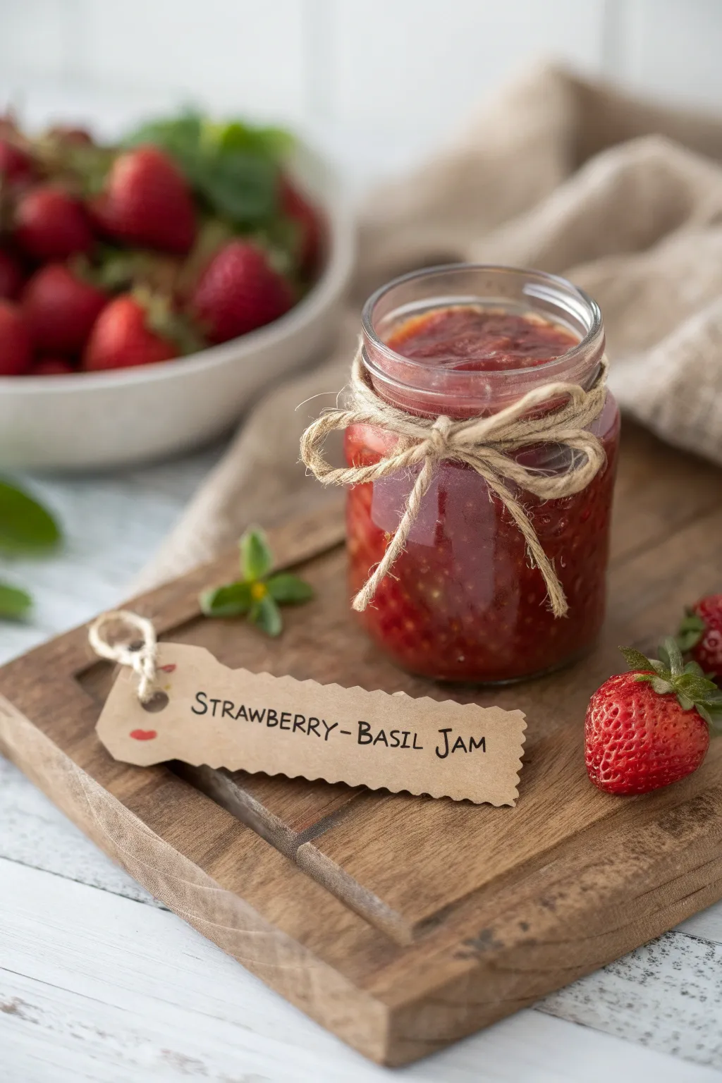 Capture the essence of summer with homemade strawberry-basil jam in a charming mason jar, perfect for gifting.