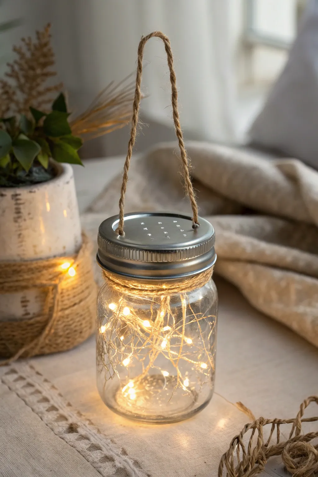 Illuminate your space with the magic of twinkle lights in a handcrafted mason jar lid ornament.