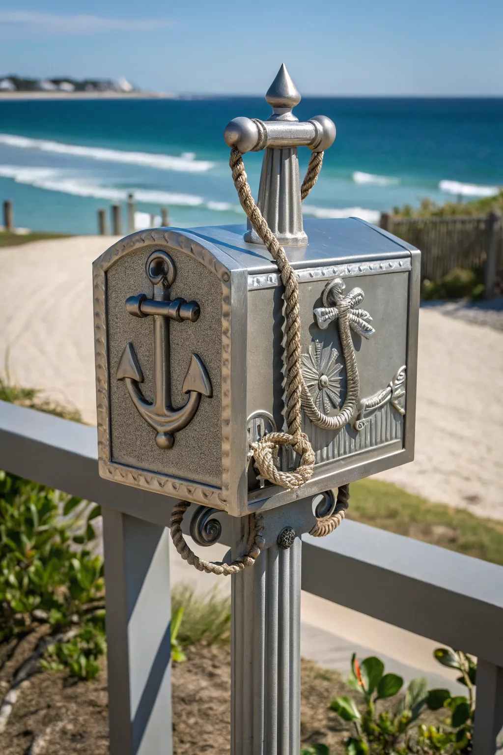 Anchor your style with a nautical-themed mailbox post that stands out.