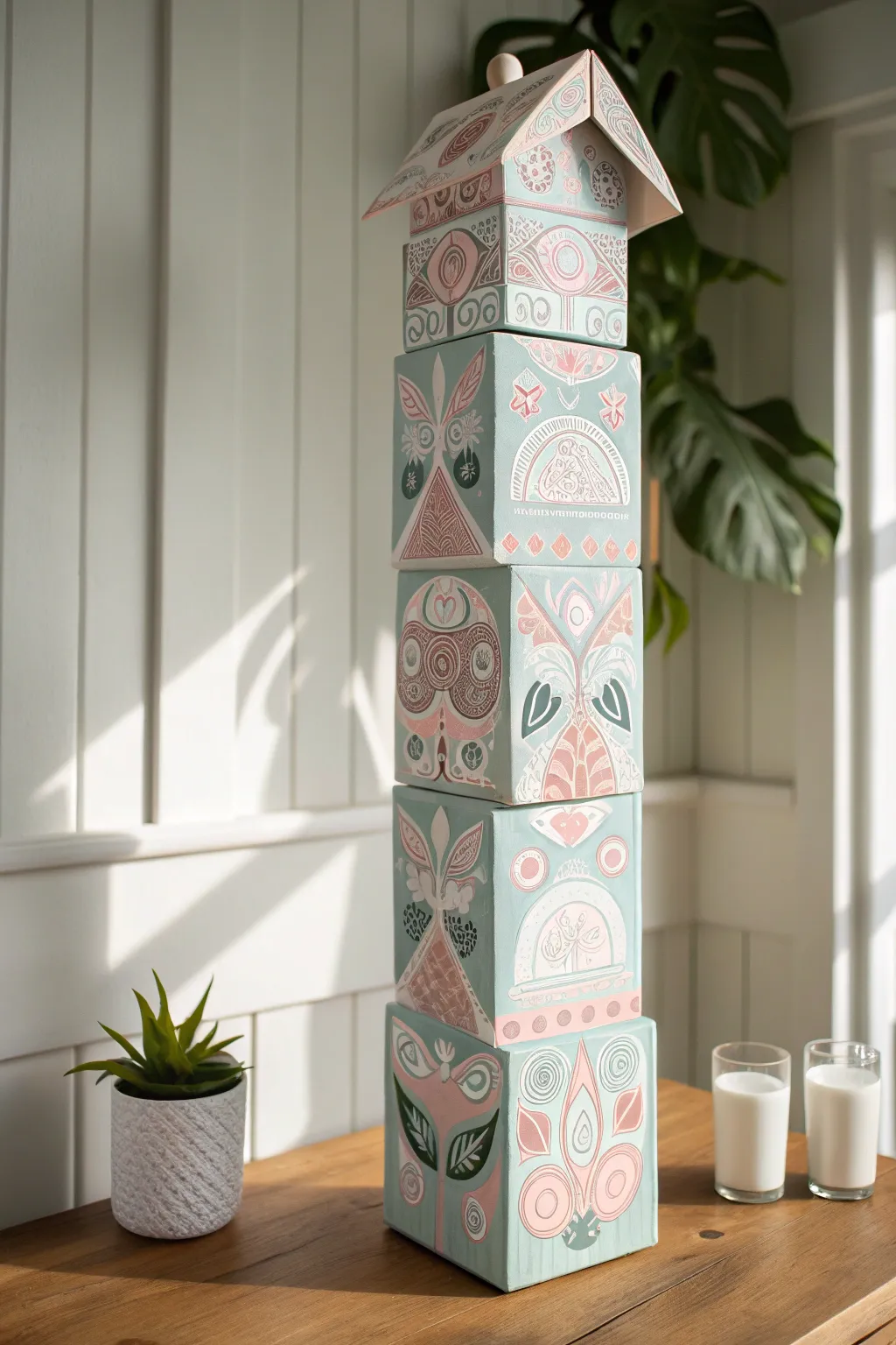 Transform everyday milk cartons into captivating totem poles with a minimalist boho charm.