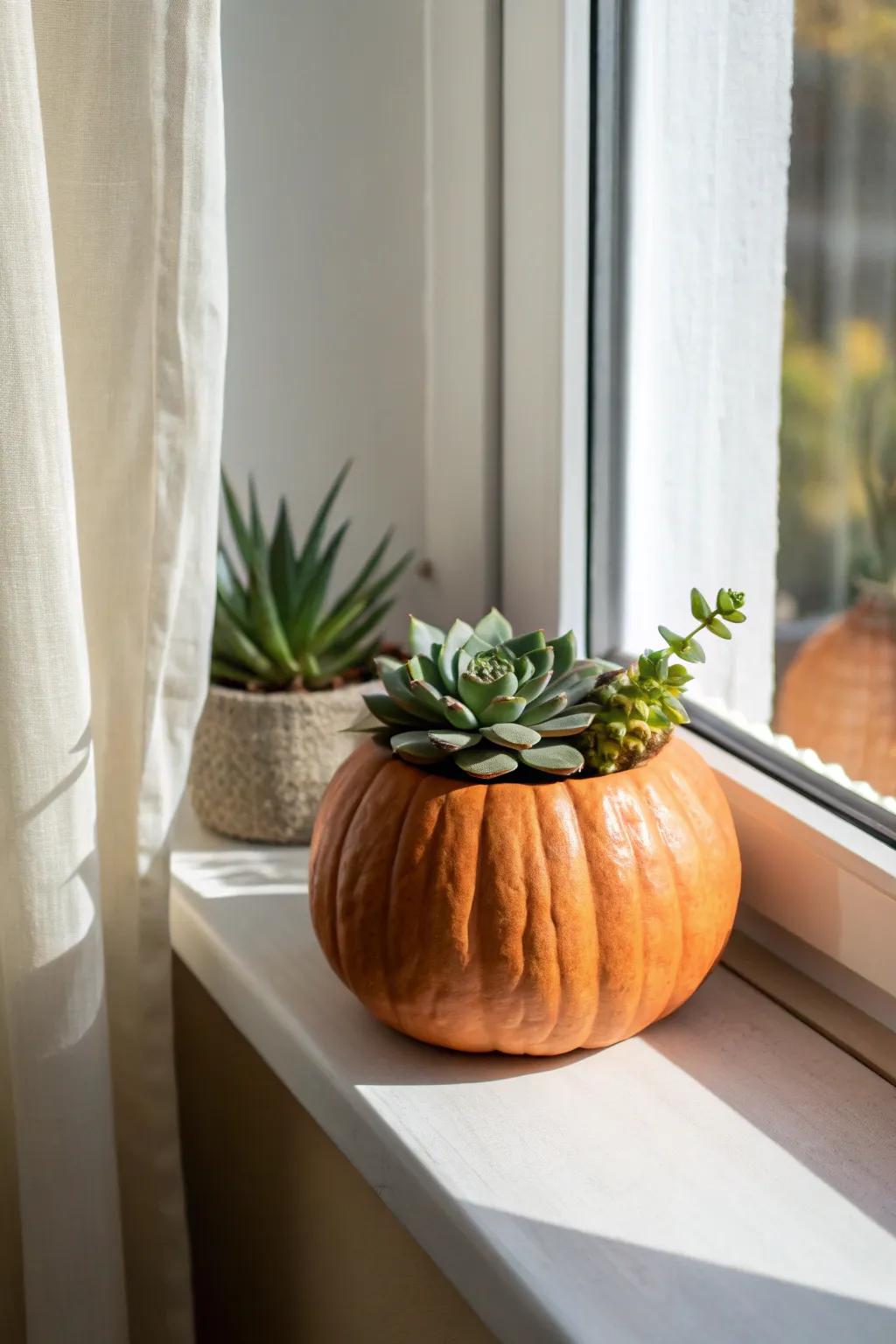 Transform your windowsill into a cozy oasis with this charming mini pumpkin planter.