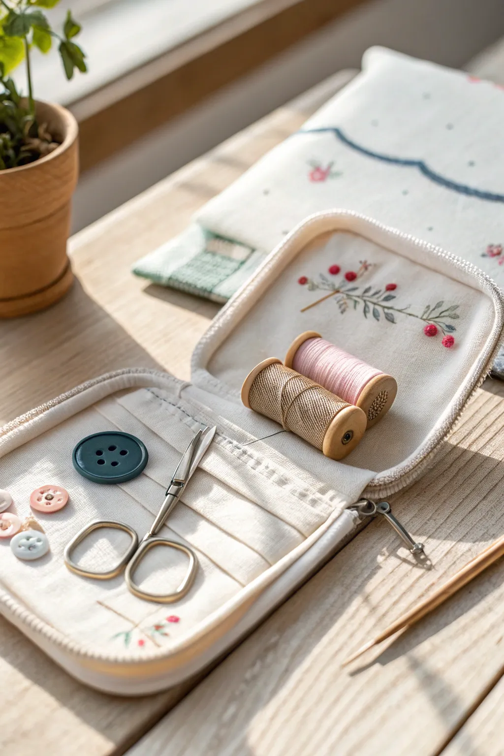Travel in style with this chic and compact sewing kit—your perfect companion for on-the-go fixes. 🌿🧵✨ #SewingEssentials #TravelInStyle