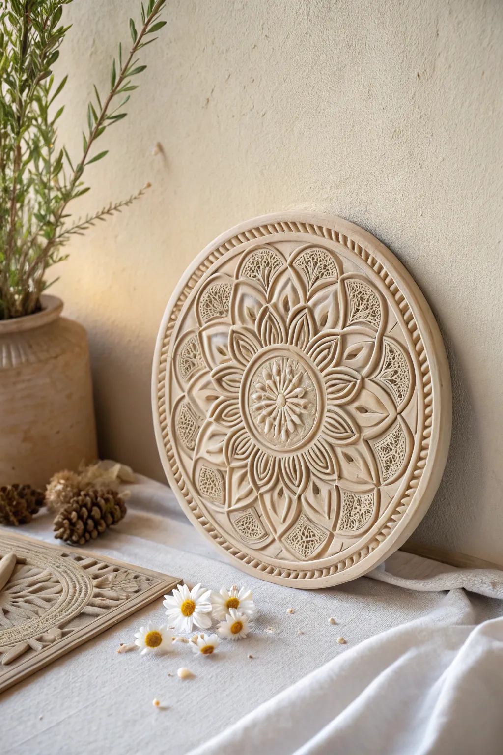 Elevate your space with the timeless elegance of handcrafted mandala clay tiles.