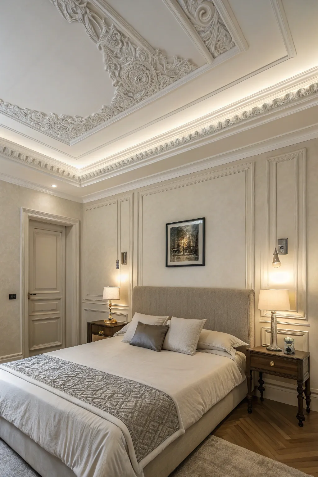 Subtly textured crown molding adding depth to a bedroom.