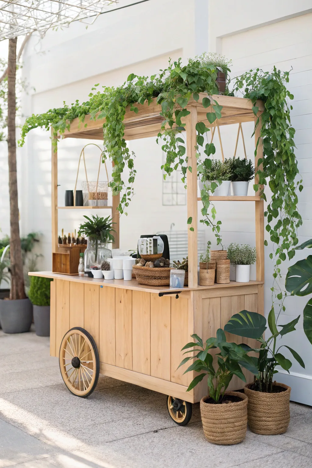 Transform your coffee break into a green oasis with this beautifully crafted mobile coffee cart.