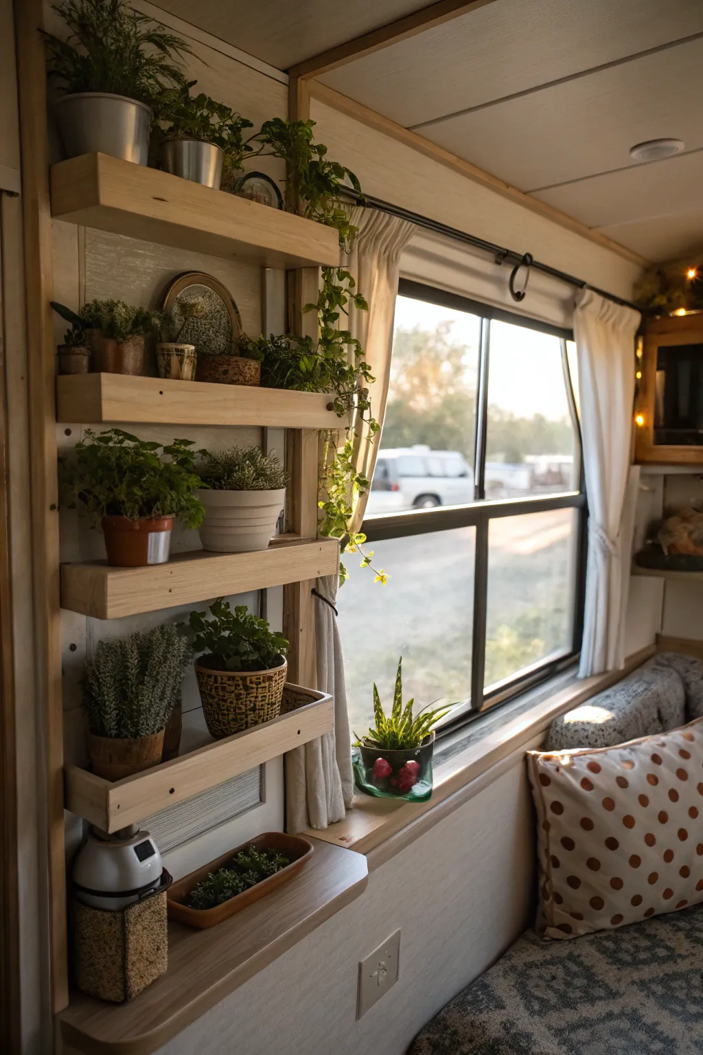 Trim with built-in shelving adds functionality and charm.