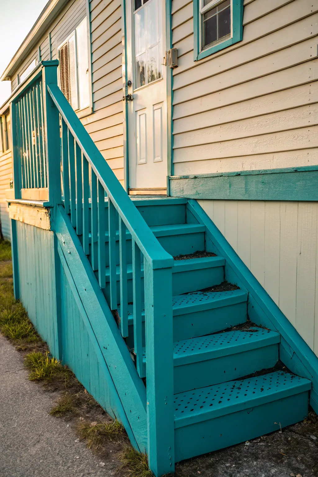 Add a fun and welcoming vibe with bold teal stairs for your mobile home.