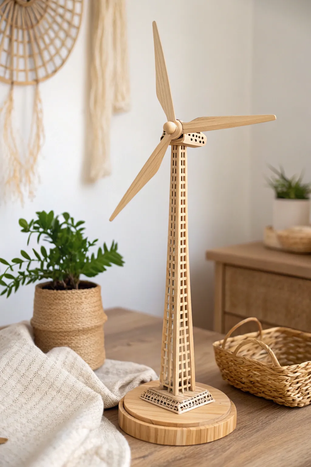 Harness the breeze with style: A minimalist DIY wind turbine model that blends Scandinavian simplicity with Boho charm.