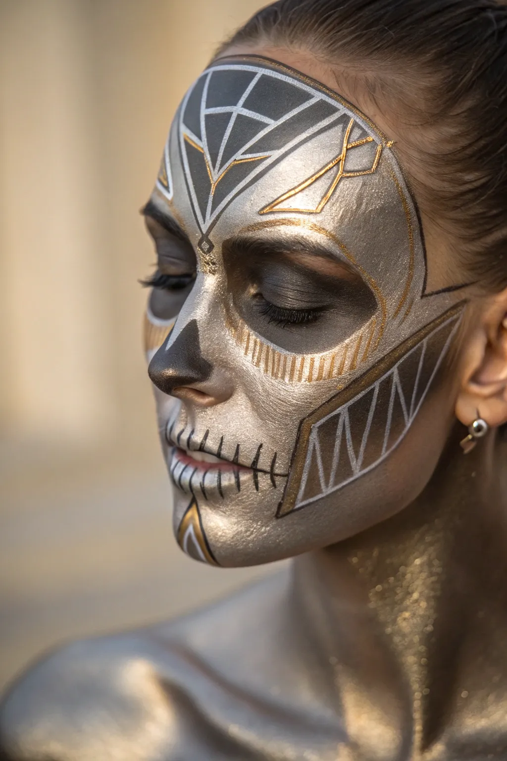Embrace the future with a stunning metallic skull makeup look—where modern artistry meets minimalist elegance.
