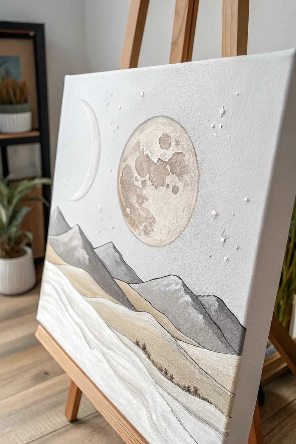 Explore celestial serenity with this minimalist lunar landscape painting, where simplicity meets natural elegance.