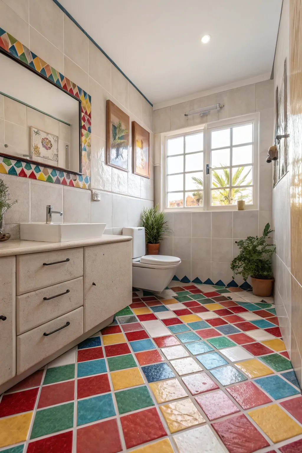 Bold-colored mosaic tiles contrast beautifully with neutral bathroom elements.