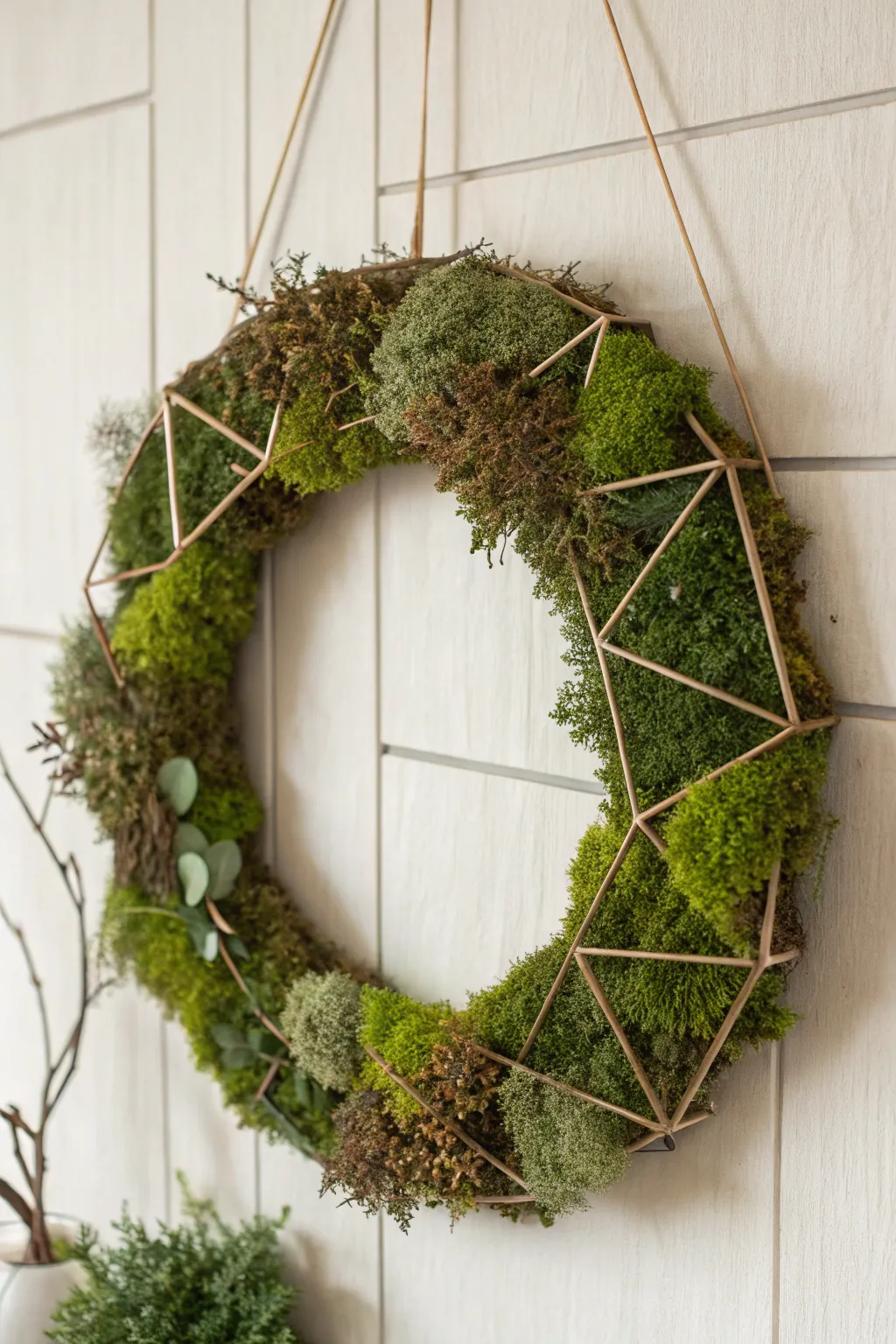 Embrace contemporary elegance with this geometric moss wreath, where nature meets minimalist design.
