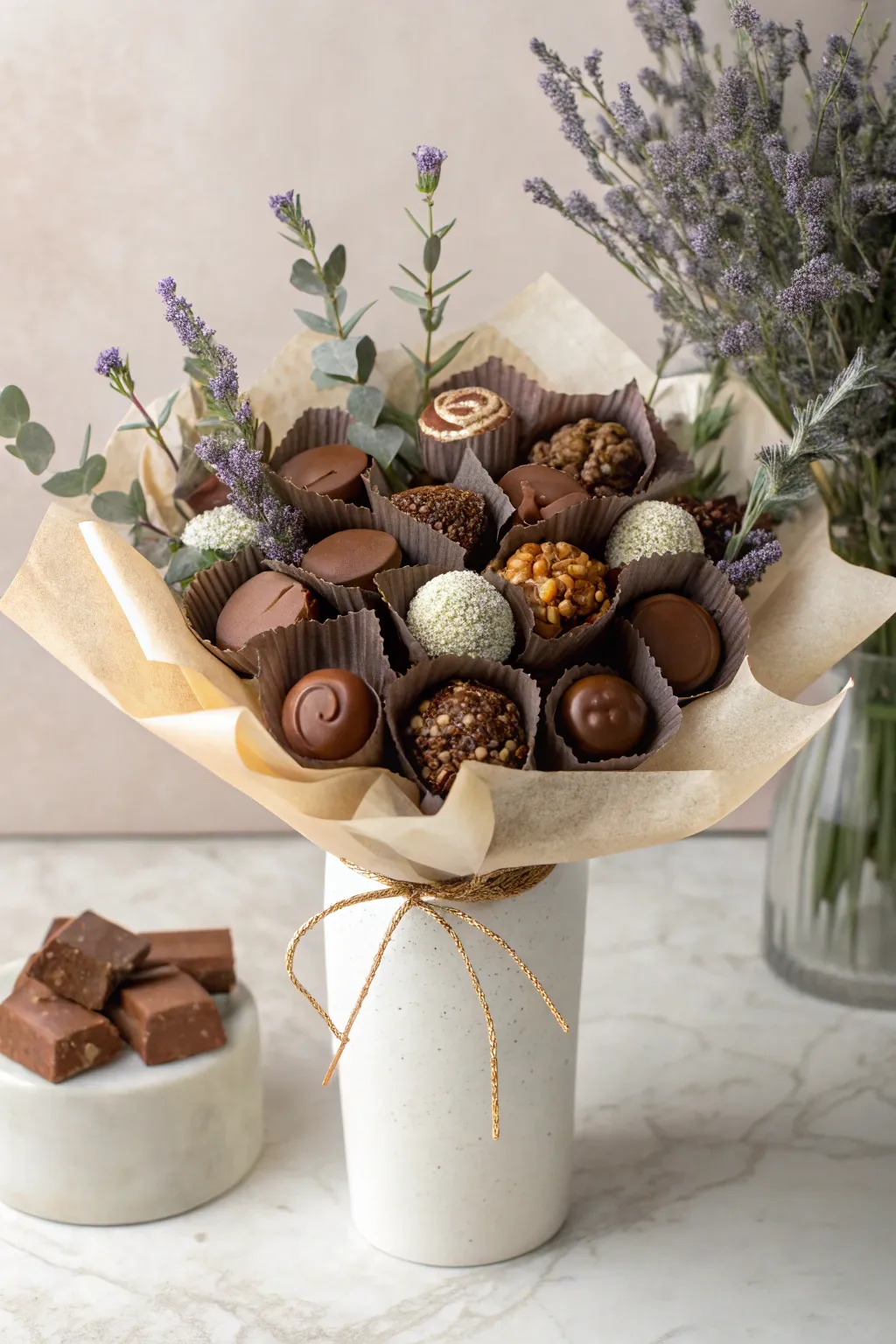 Indulge in a serene moment with this chocolate tea and candy bouquet, perfect for a Mother's Day afternoon retreat.