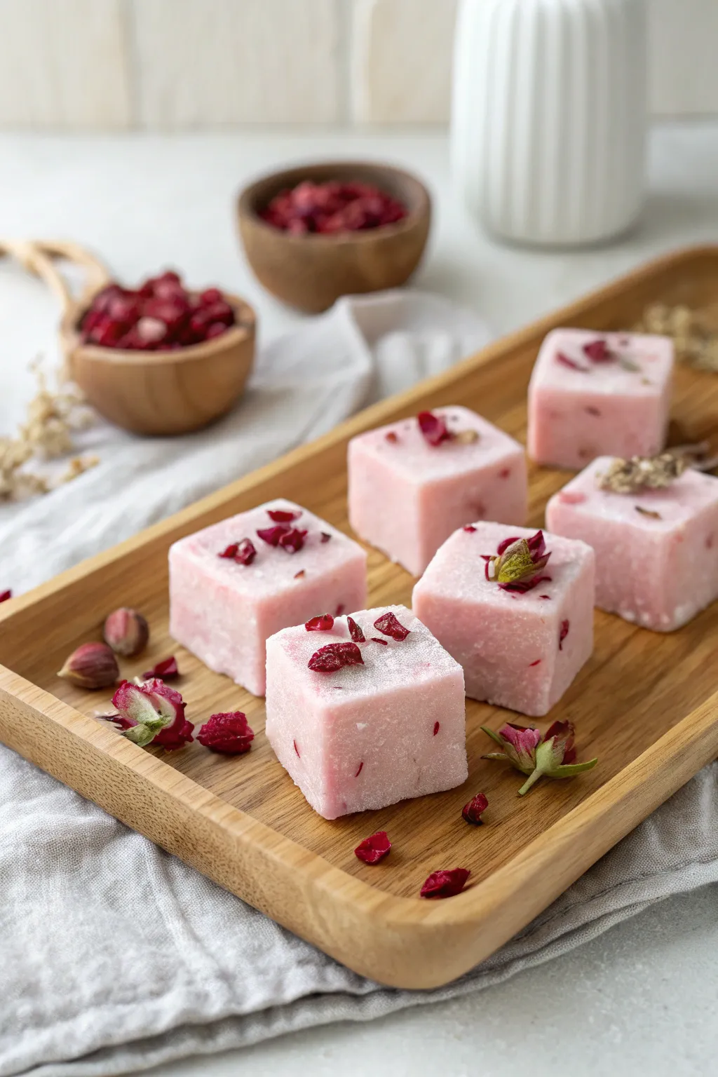 Indulge in a touch of luxury with handcrafted rose sugar scrub cubes, perfect for a Mother's Day treat.