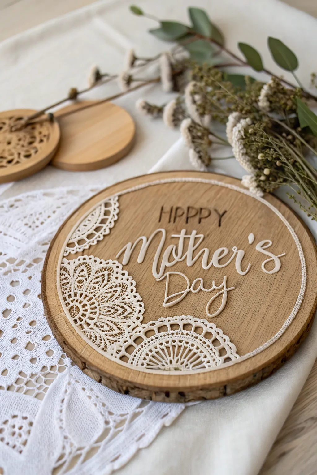 Celebrate Mom with a touch of elegance: A handcrafted lace-accented plaque that embraces simplicity and love.