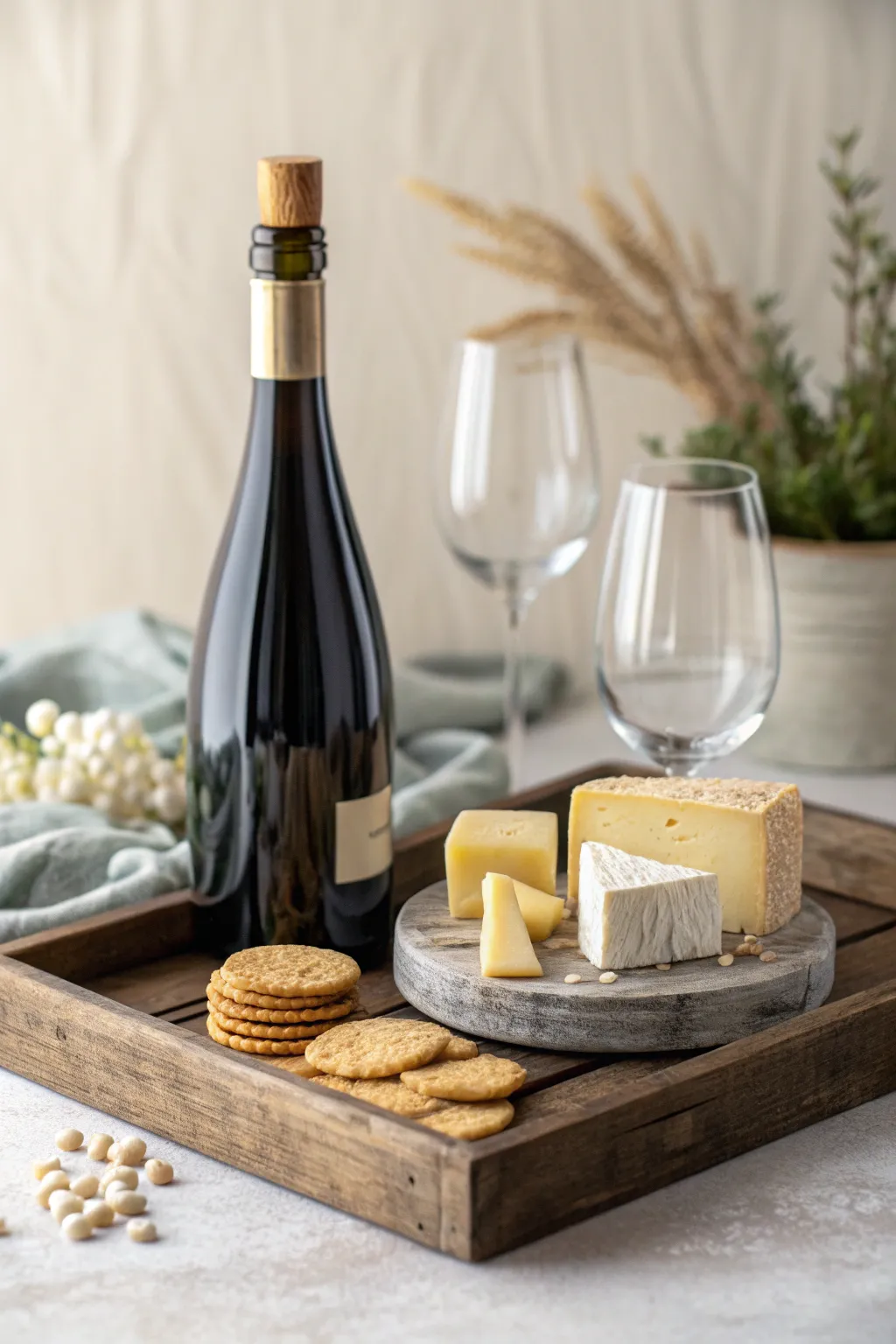 Elevate your movie night with a touch of elegance: wine, cheese, and simplicity.