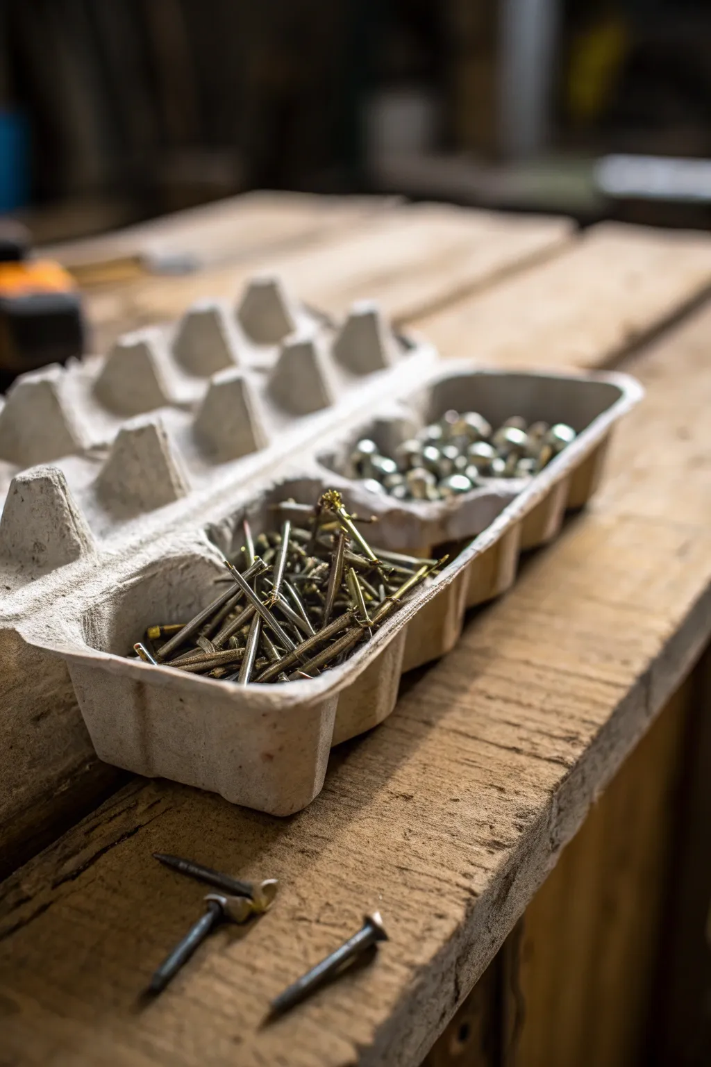 Elevate your DIY game with this clever nail and screw storage hack using recycled egg cartons.