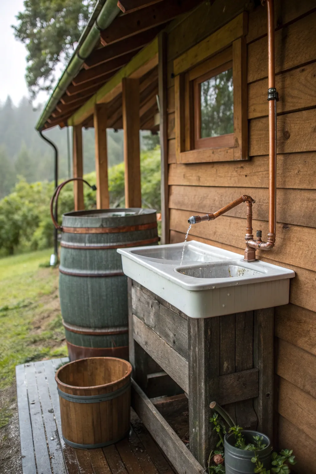 Harness nature's gift with a rustic rainwater sink setup. Perfect for your off-grid retreat.