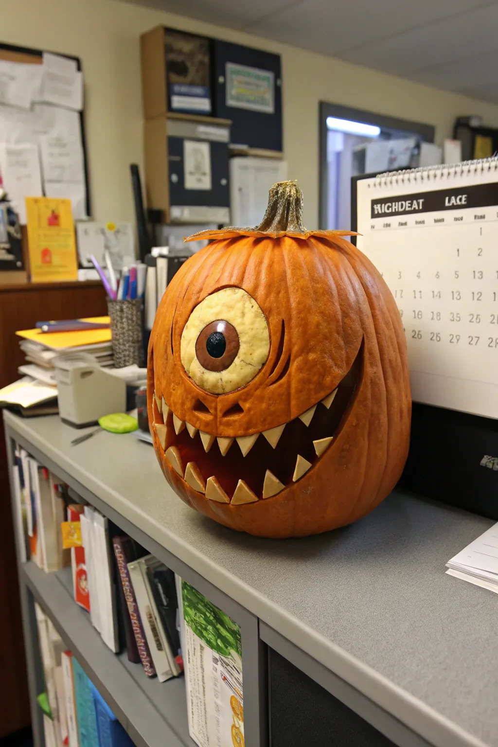 A monstrous cyclops pumpkin, entertaining the office with its eerie charm.