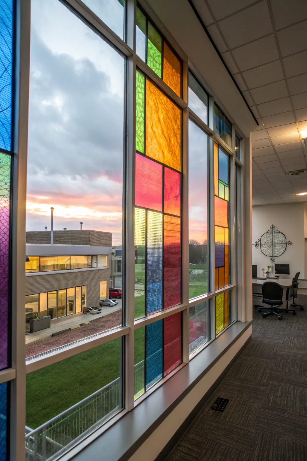 Stained glass film adds vibrant color and privacy.