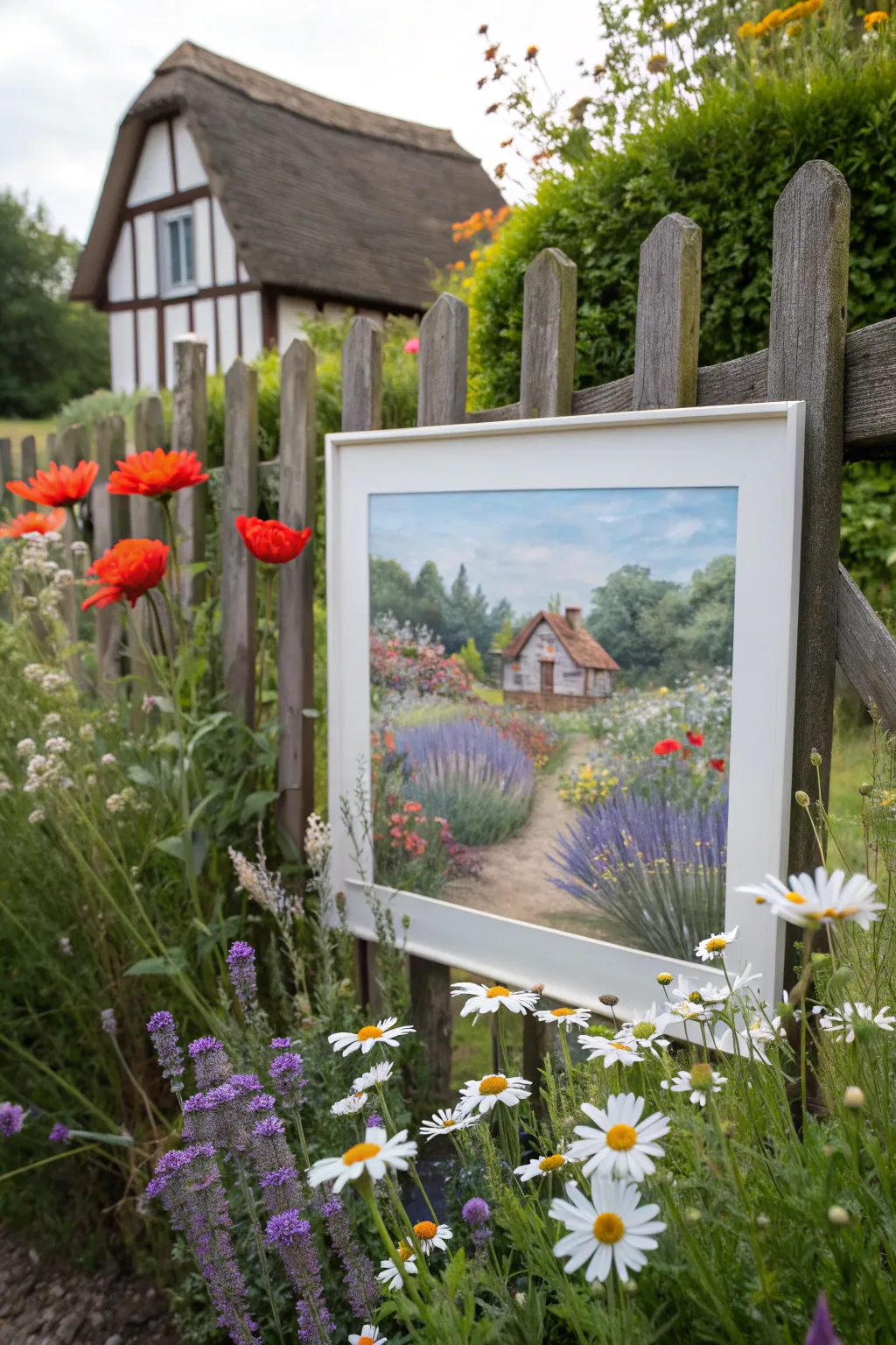 Bring the serene beauty of a cottage garden to your home with this charming oil pastel artwork.