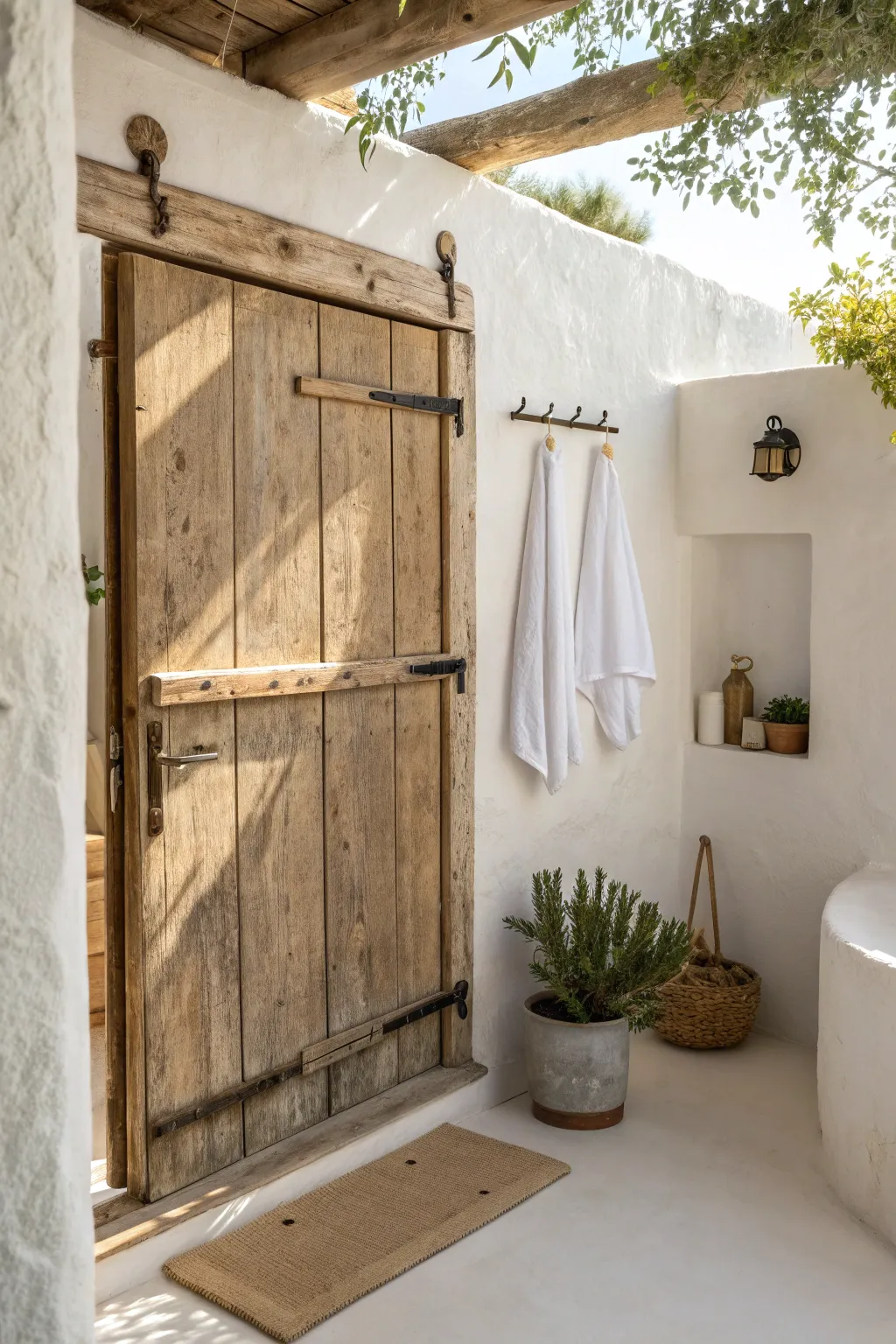 Transform a vintage door into a chic towel rack for a touch of rustic elegance in your bathroom.