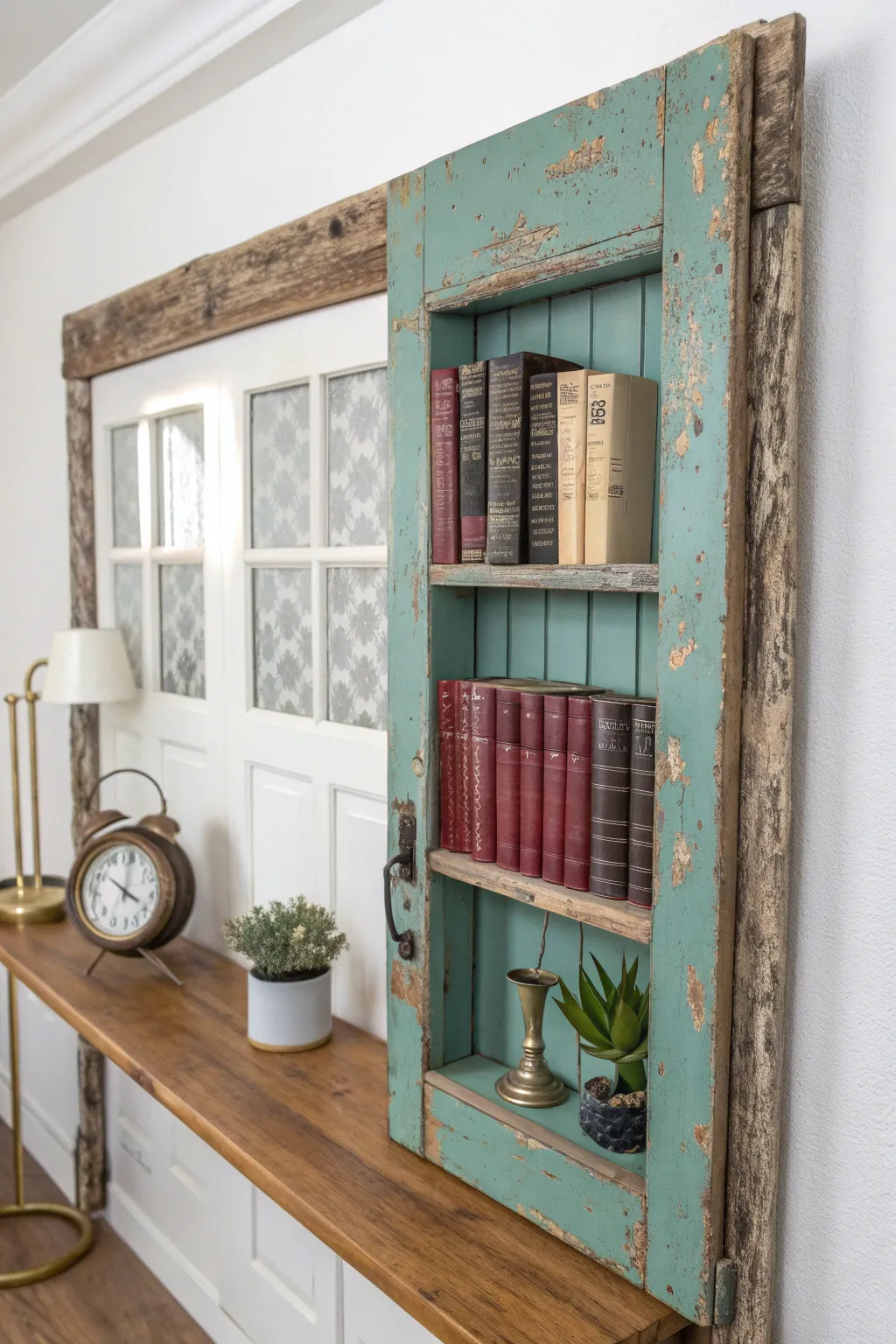 Transform your workspace with a sophisticated touch: vintage door panel shelves for a chic and functional office vibe.