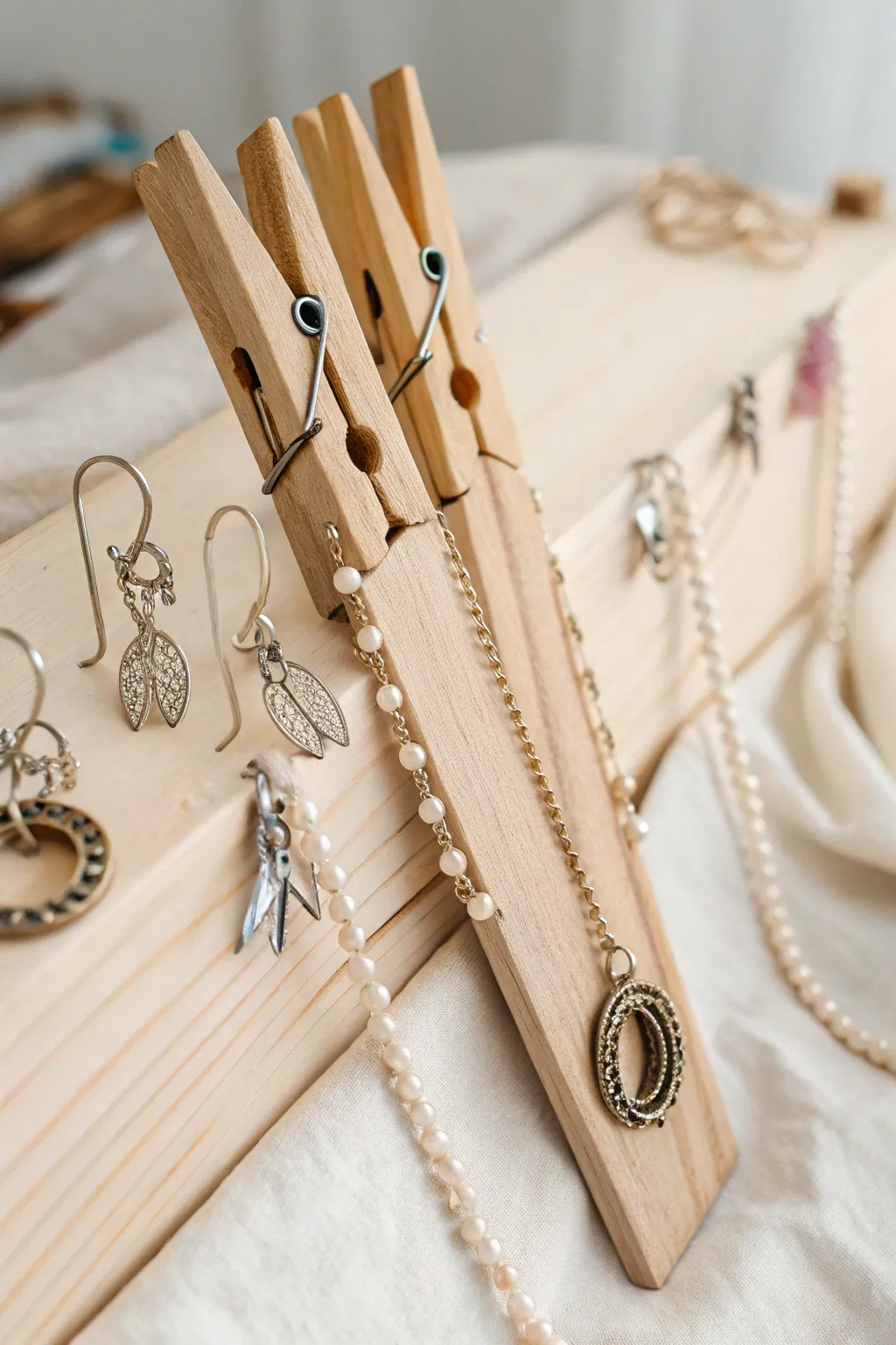 Transform your jewelry display with charming vintage clothespins – a minimalist's dream for organization and style.