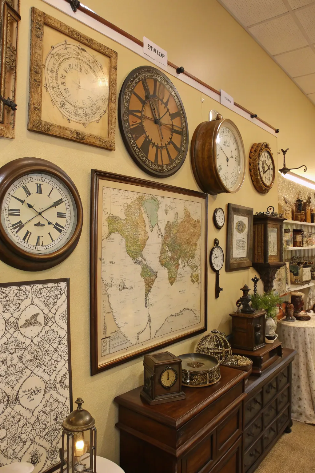 Antique decor pieces like maps and clocks.