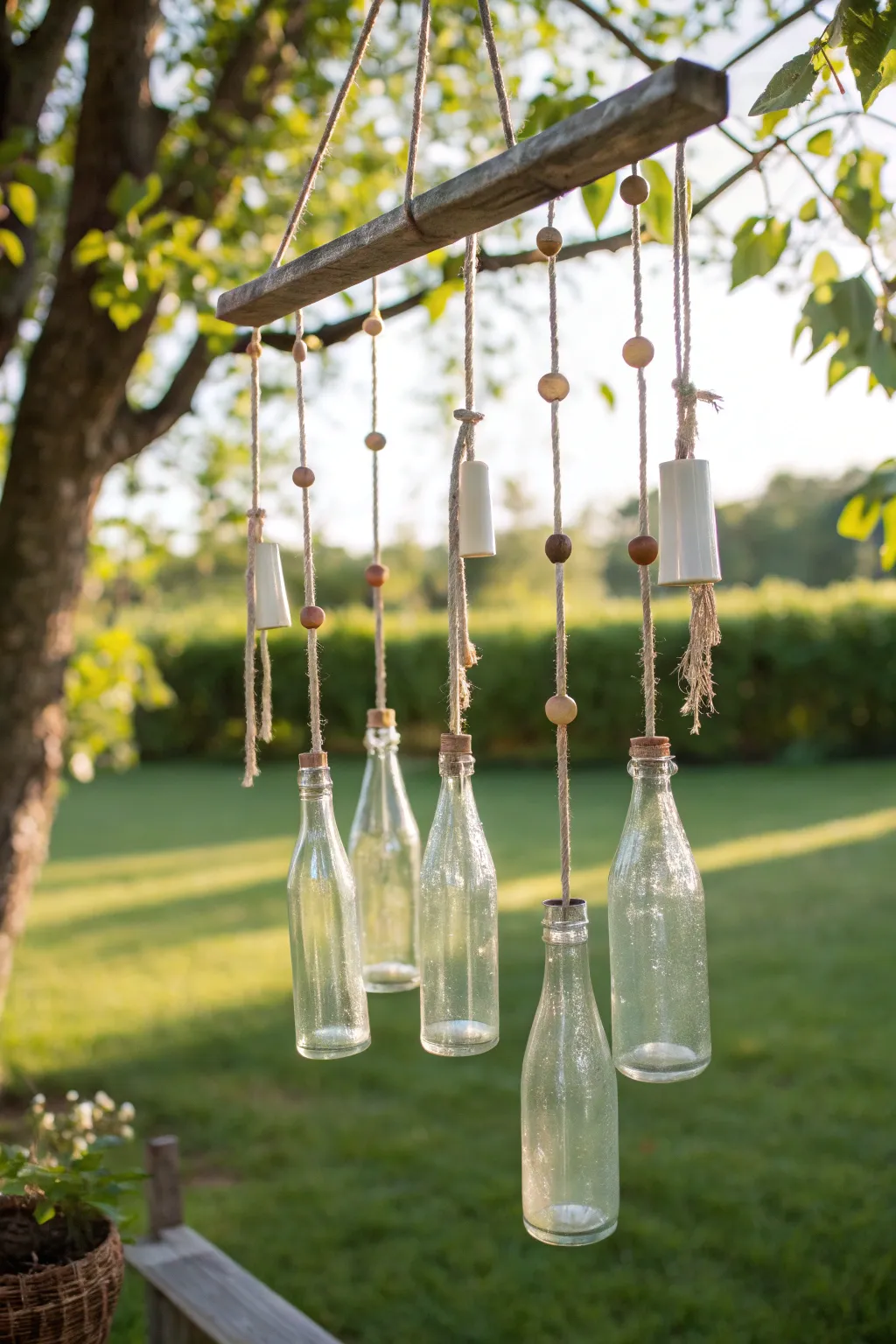 Embrace serenity with these charming vintage glass bottle wind chimes, where simplicity meets natural elegance.