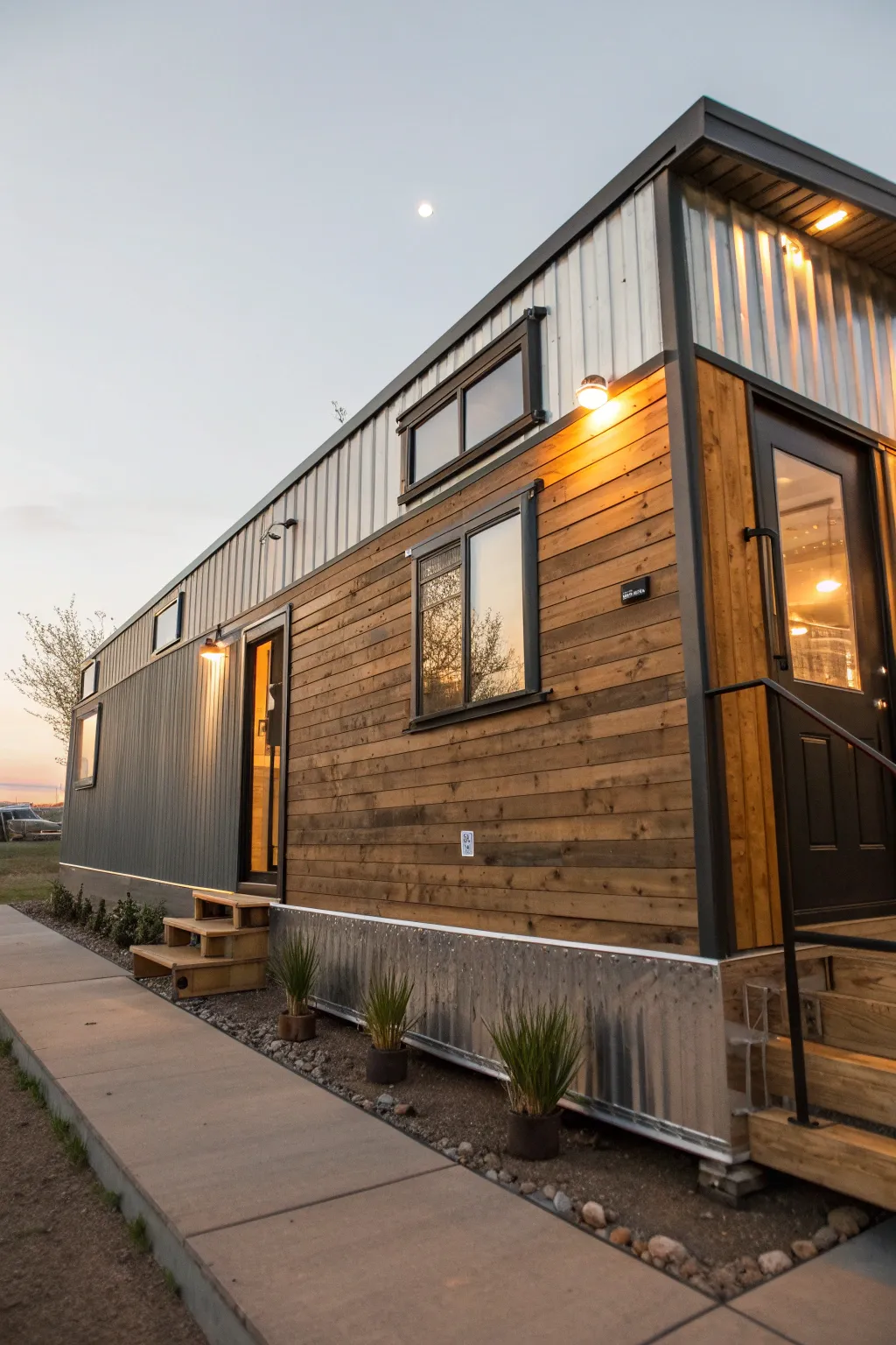 Transform your mobile home with a blend of wood and metal for an exterior that stands out.
