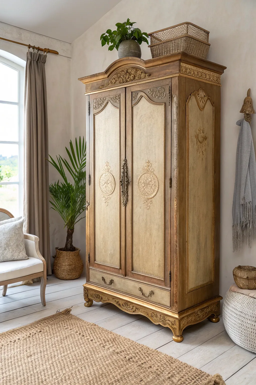 Transform your wardrobe into a vintage treasure with an antique gold finish.