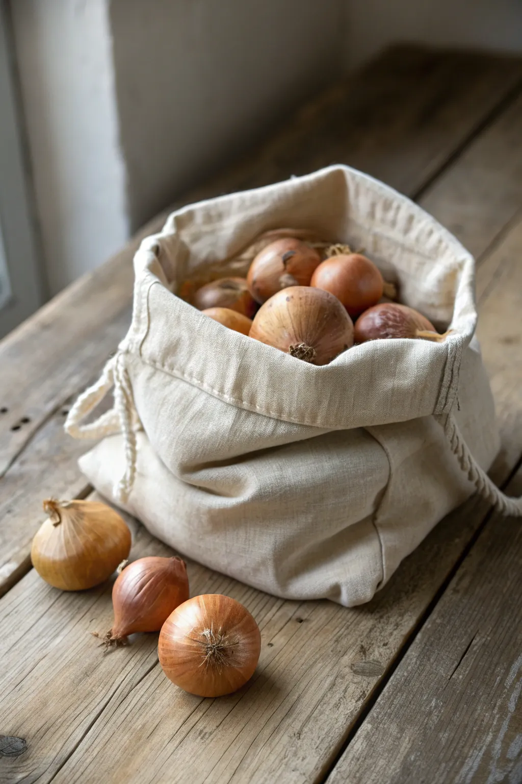 Elevate your kitchen storage with elegant linen bags for fresh onions.
