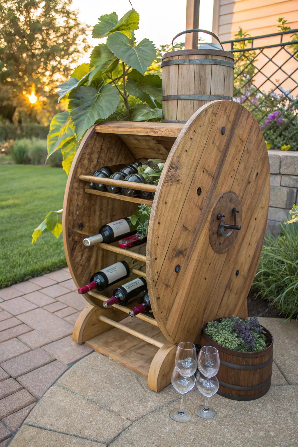 Transform your patio with this stunning DIY wine rack centerpiece, crafted from a classic cable spool.