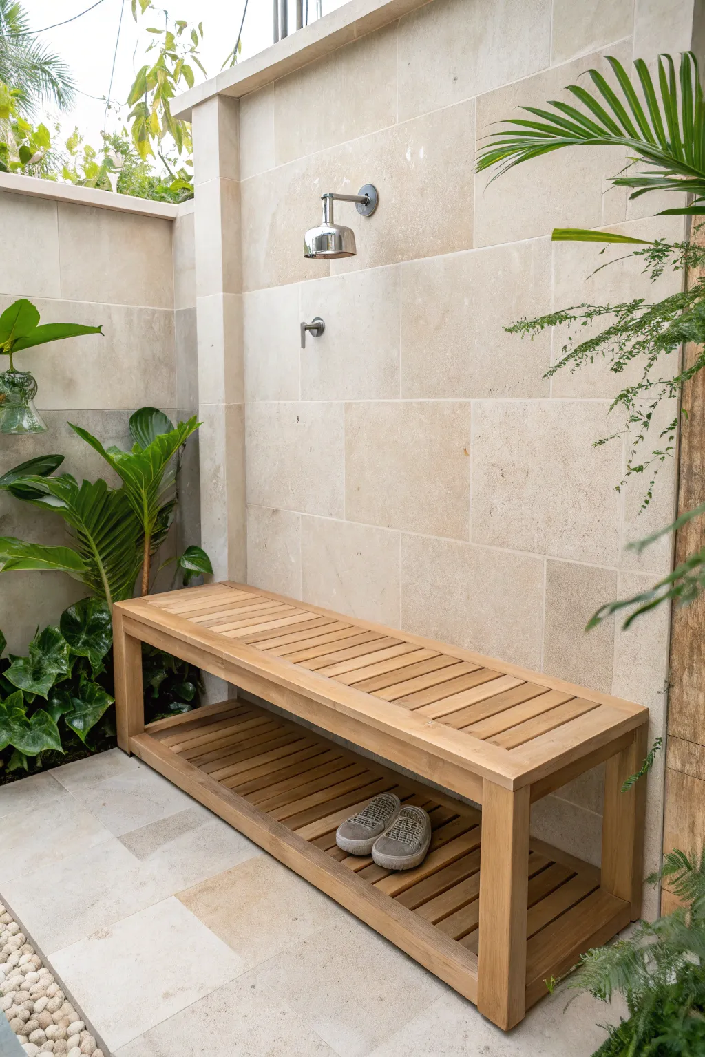 Elevate your outdoor shower space with a sleek floating bench that blends minimalist design with boho flair.