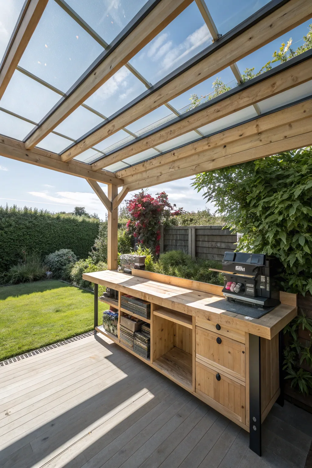 Elevate your workspace with natural light: An outdoor workbench with a sleek skylight design.
