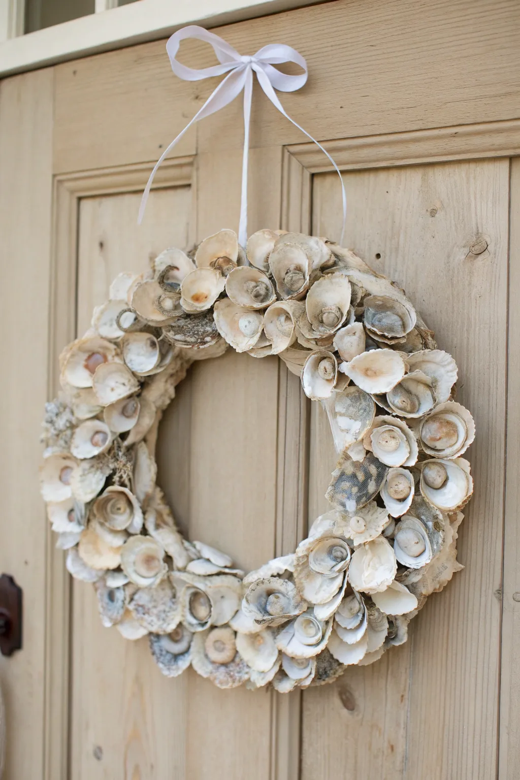 Welcome your guests with the natural elegance of an oyster shell wreath, where simplicity meets craftsmanship.