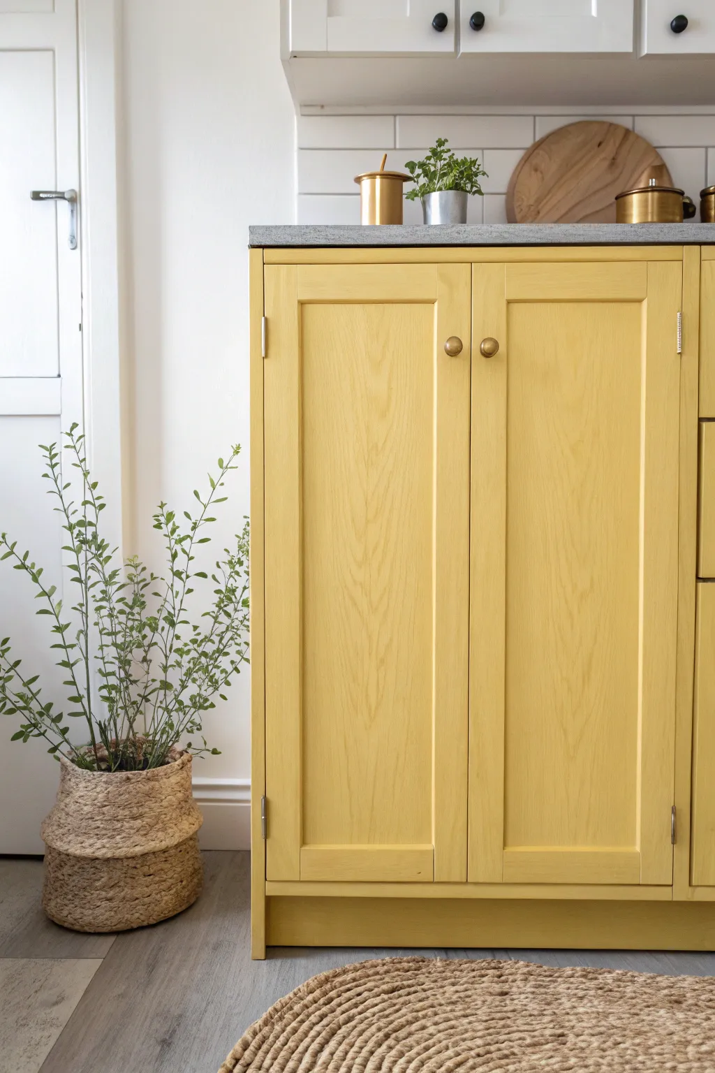 Brighten your kitchen with a splash of sunshine! ☀️ #YellowCabinets #ScandiBoho
