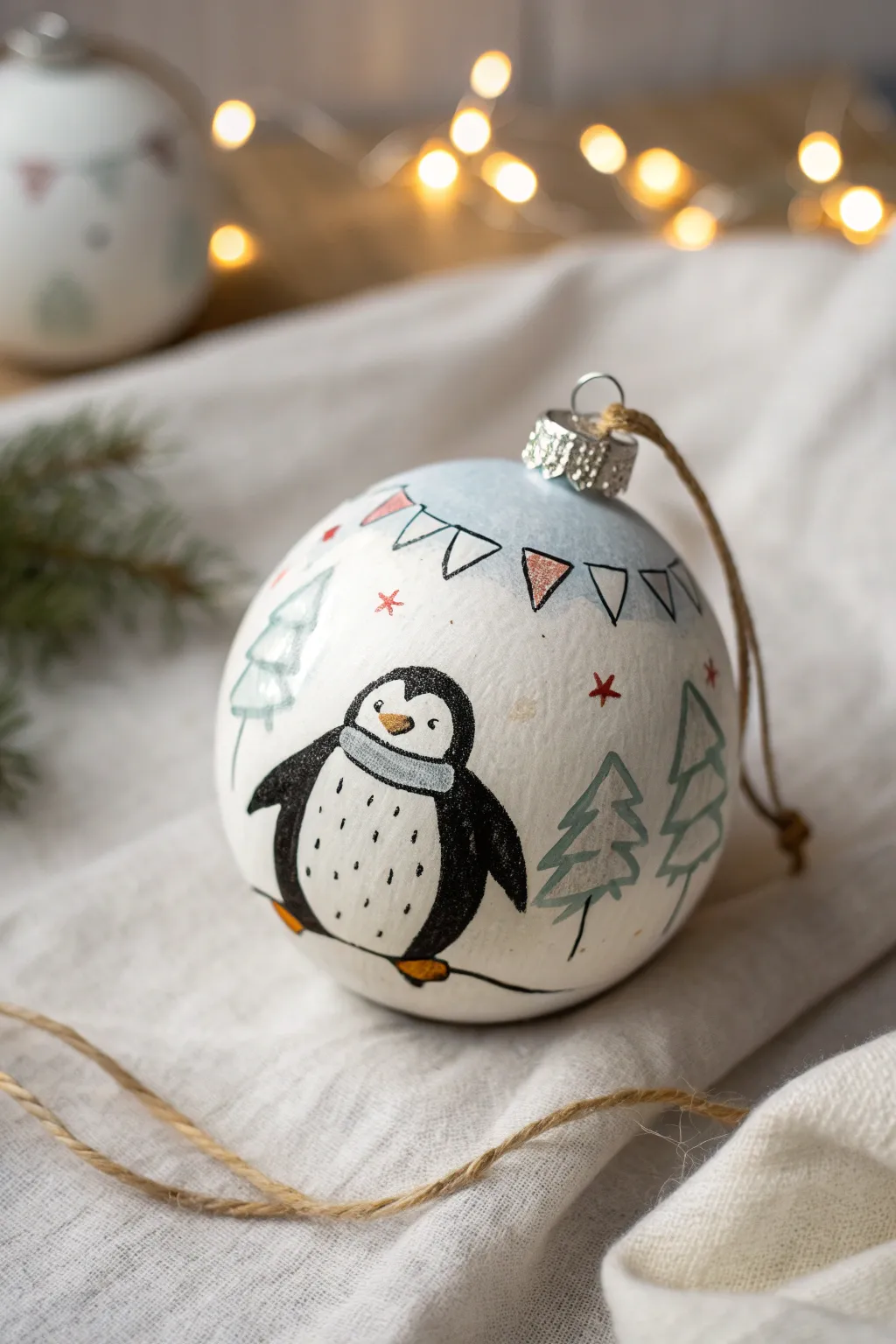 Add a touch of whimsy to your holiday decor with this charming penguin Christmas ball, perfect for minimalist and family-centered festive vibes.
