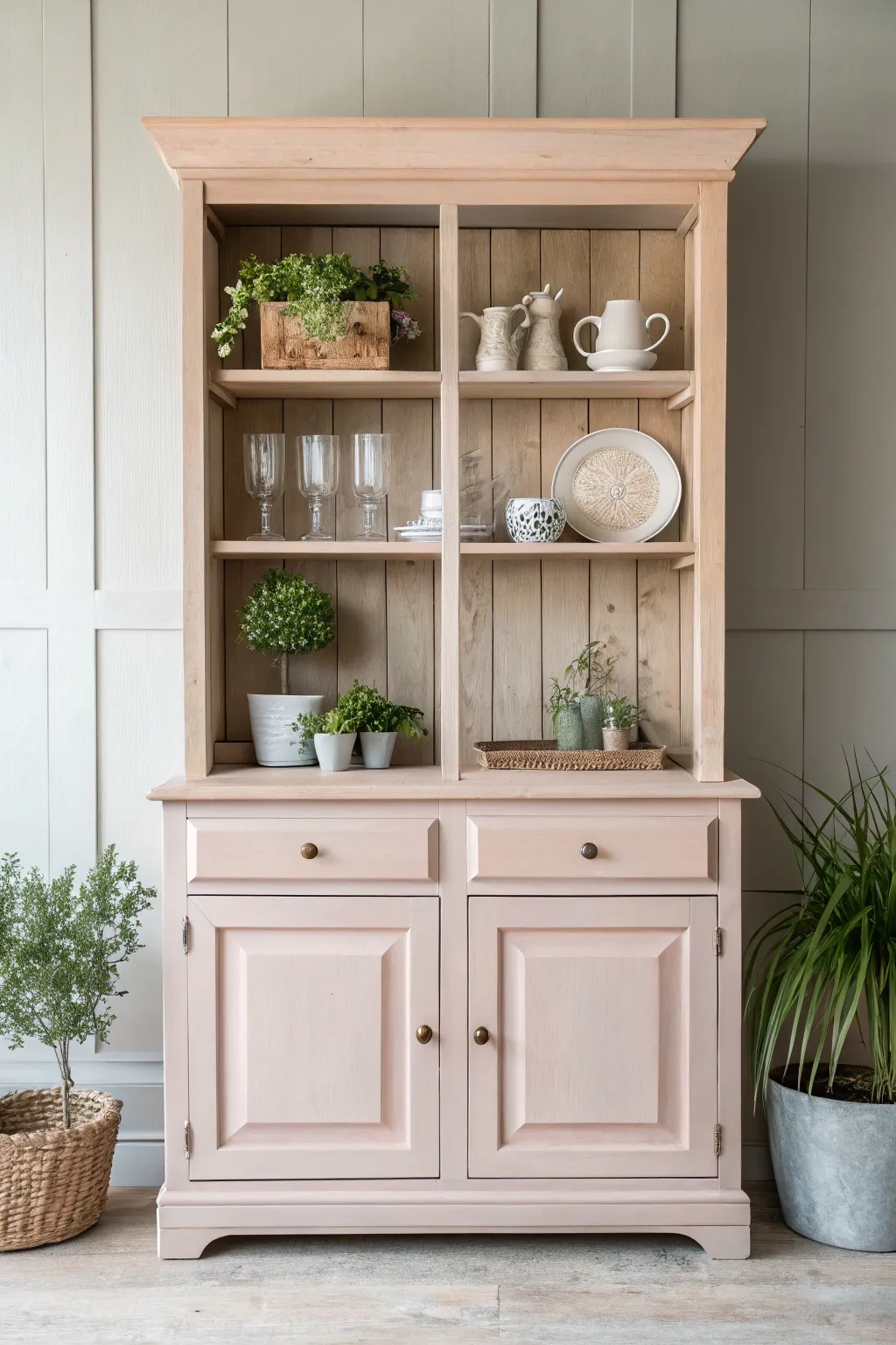 Transform your space with an open shelving hutch that blends Scandinavian minimalism with boho charm.
