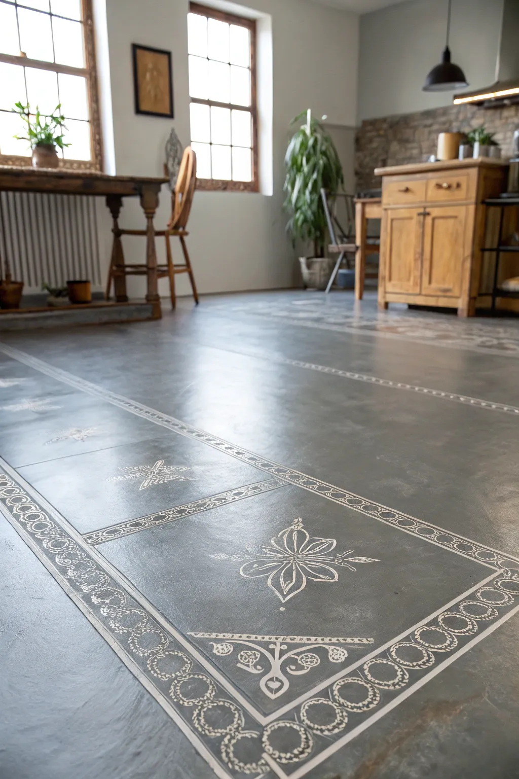 Elevate your space with an urban chic vibe: Discover the artistry of painted linoleum floors.