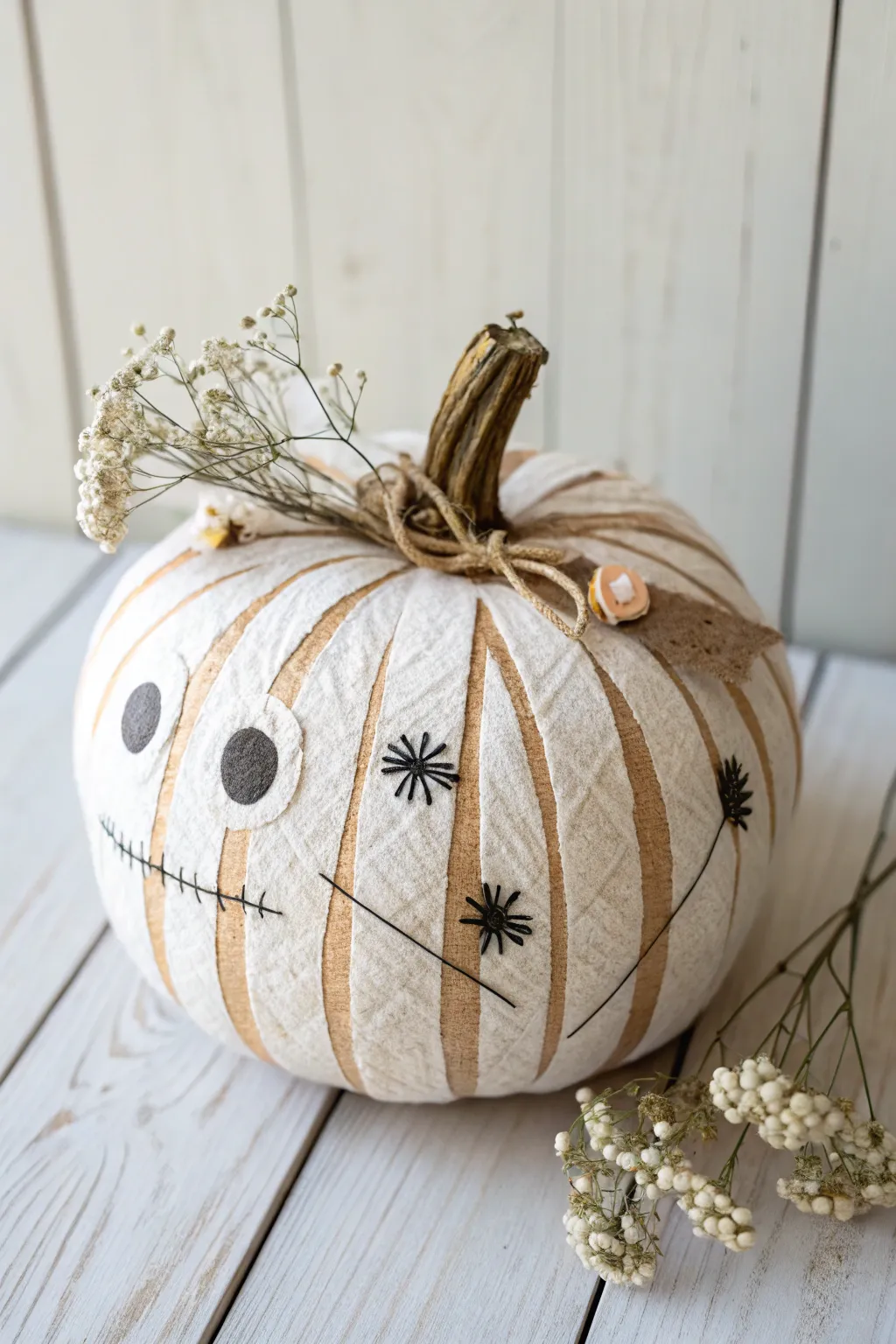 Elevate your autumn decor with a timeless, textured mummy pumpkin that embodies simplicity and natural beauty. #ScandiBoho #CraftedElegance