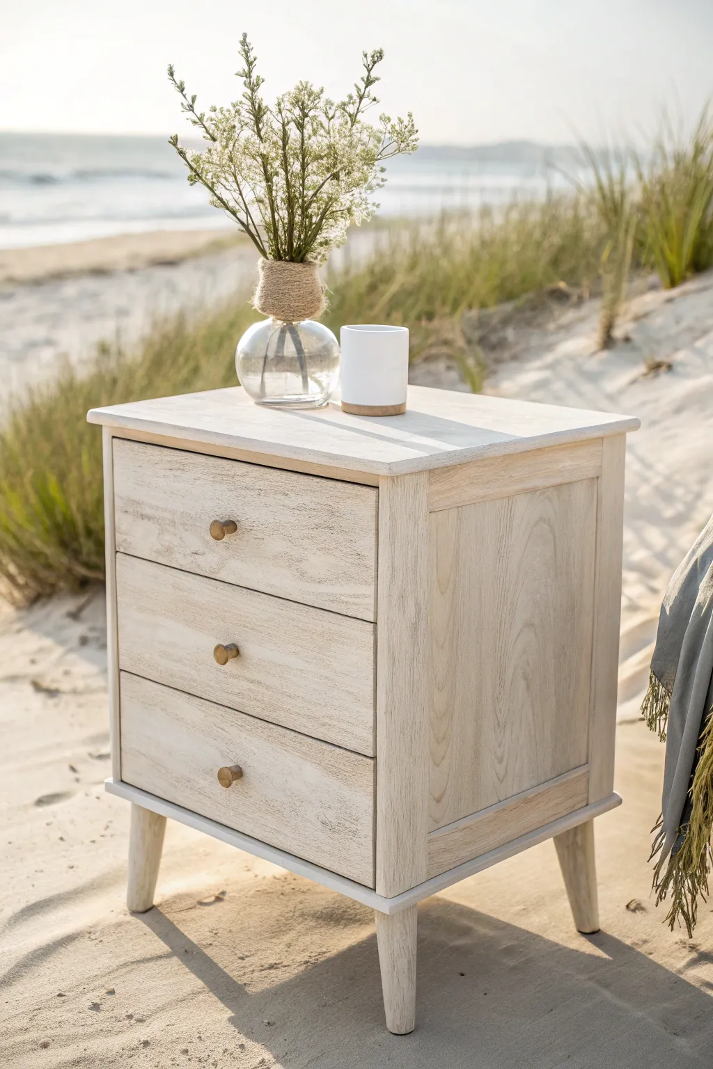 Embrace the serene beachy vibes with this whitewashed nightstand, perfect for a minimalist retreat.