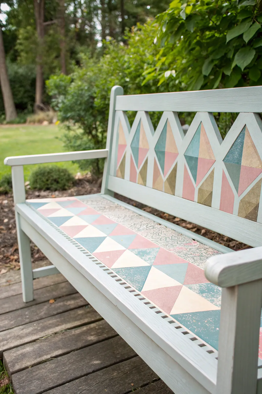 Transform your garden with this chic geometric triangle-patterned bench, where Scandinavian minimalism meets boho charm.