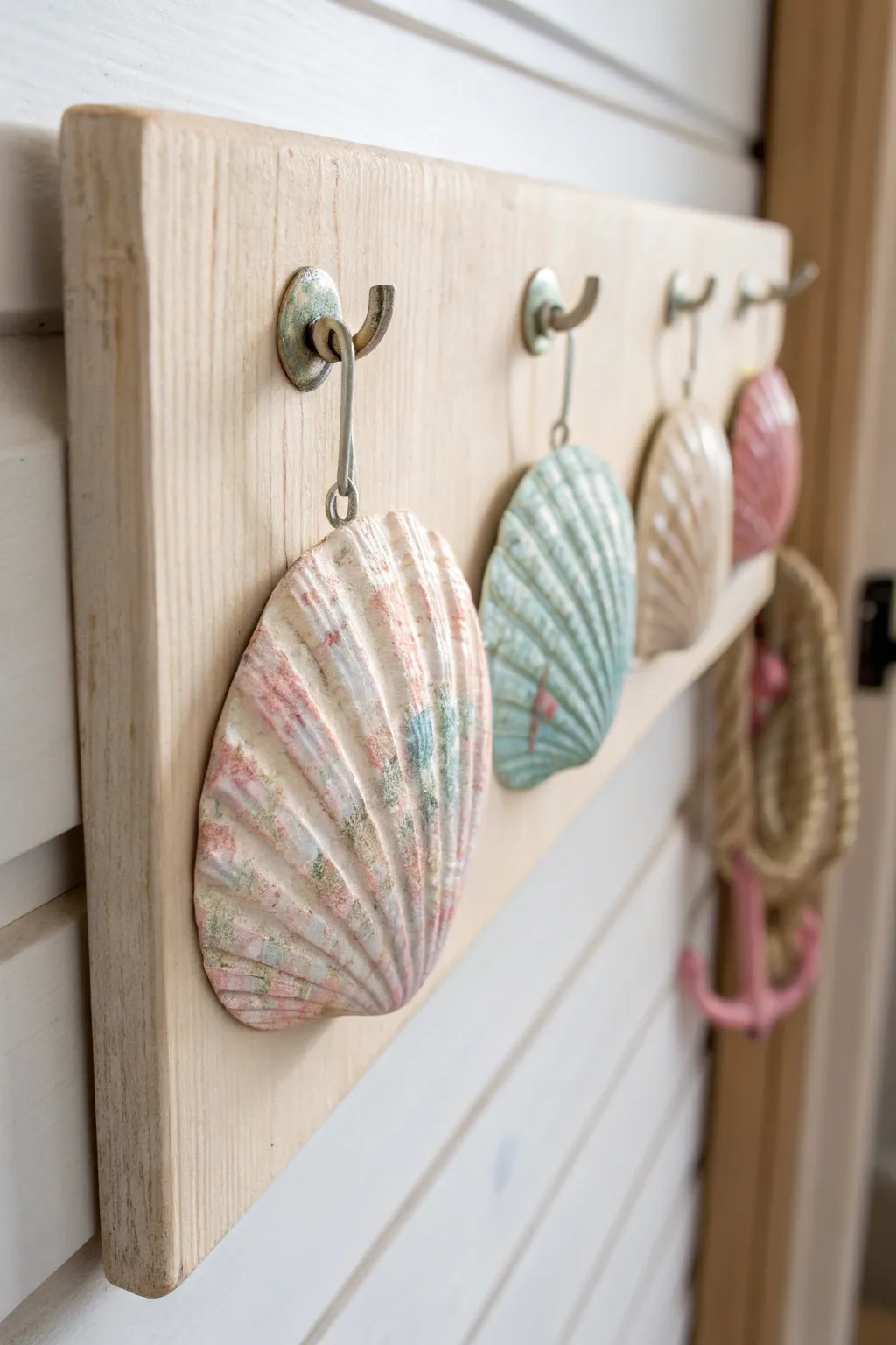 Add a touch of crafted elegance to your entryway with these painted oyster shell wall hooks.